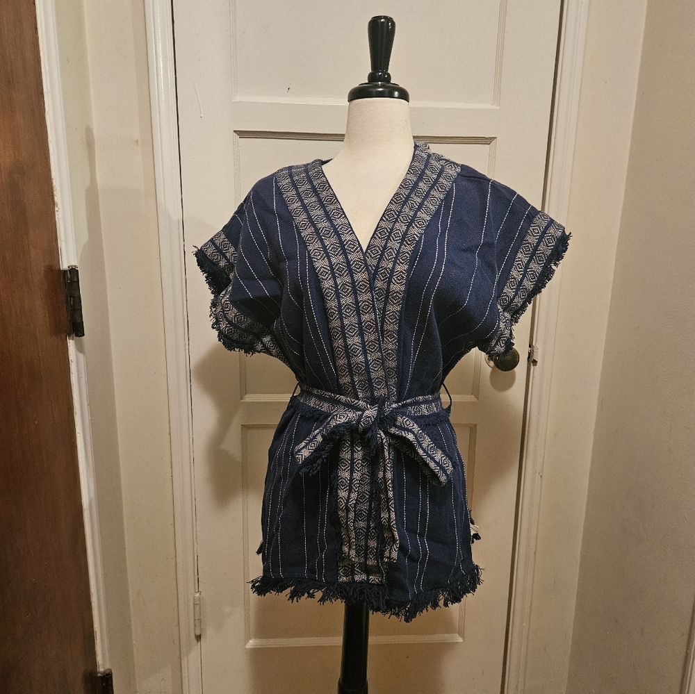 LUCKY Brand Blue Knit Cotton Woven Boho Frayed Fringes Vest w belt - One Size